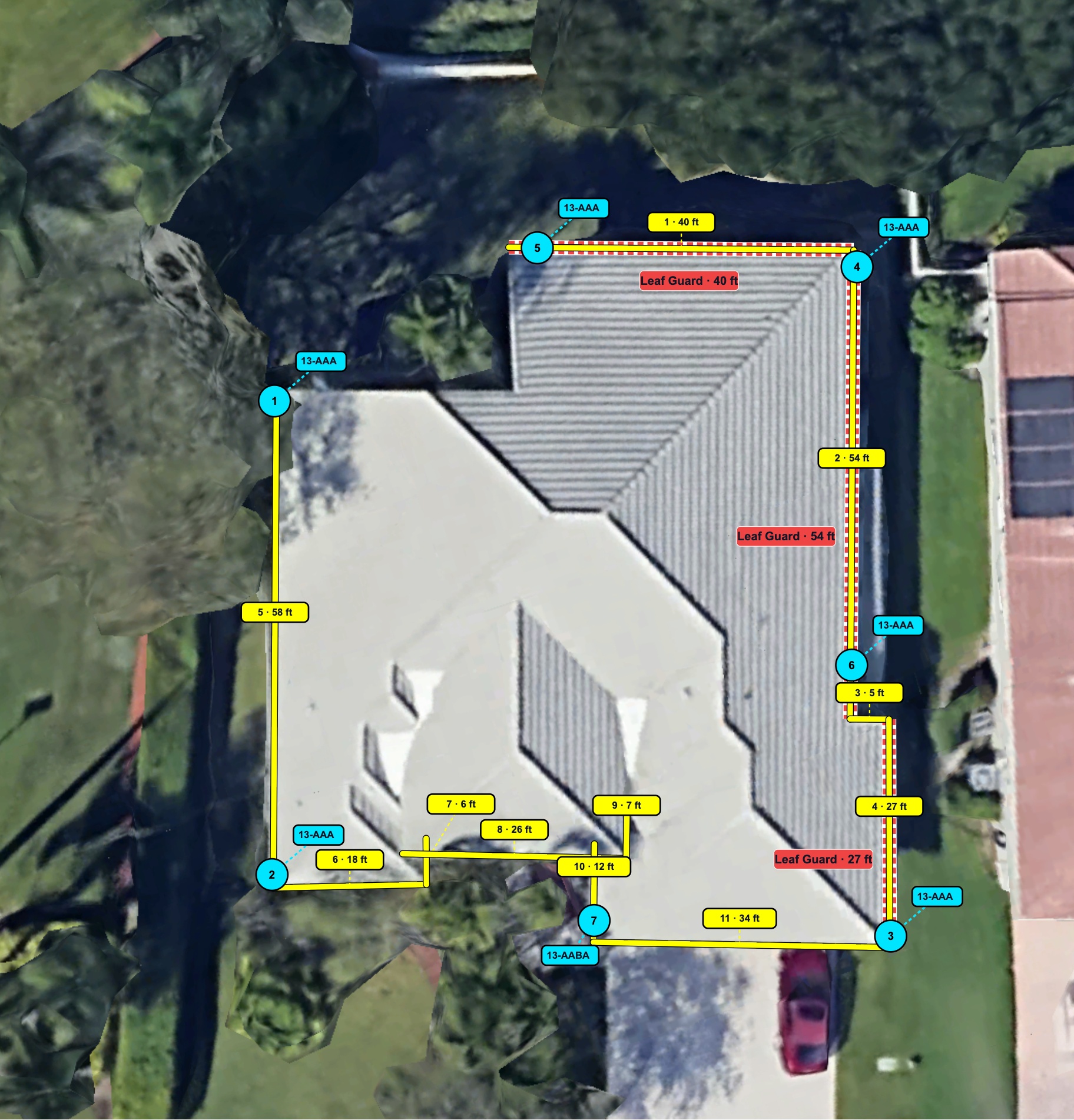 Actual Quote Builder output showing measured gutter runs and downspout locations on an aerial property image